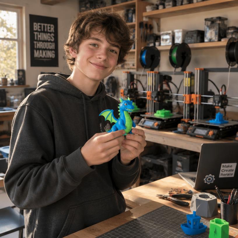 Ty in his garage workshop with 3D printers